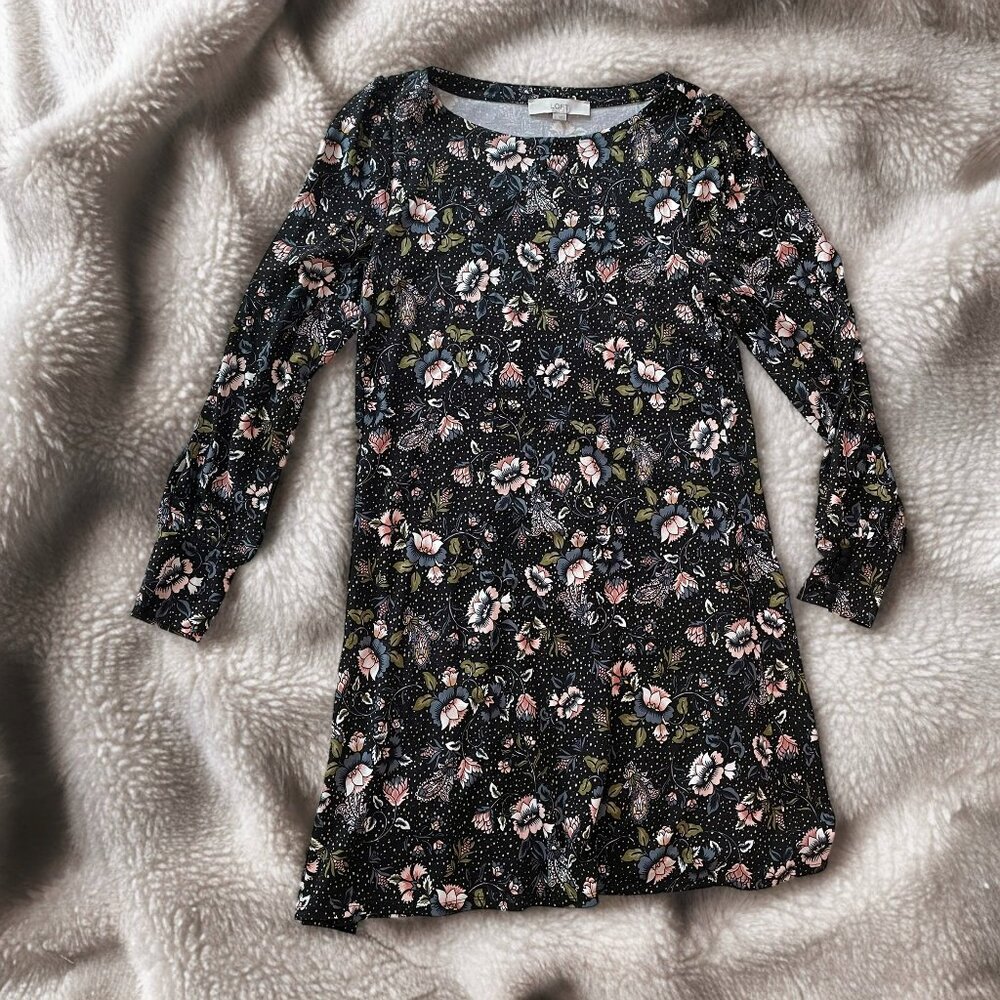 LOFT long sleeve floral dress black pink white green knit comfy